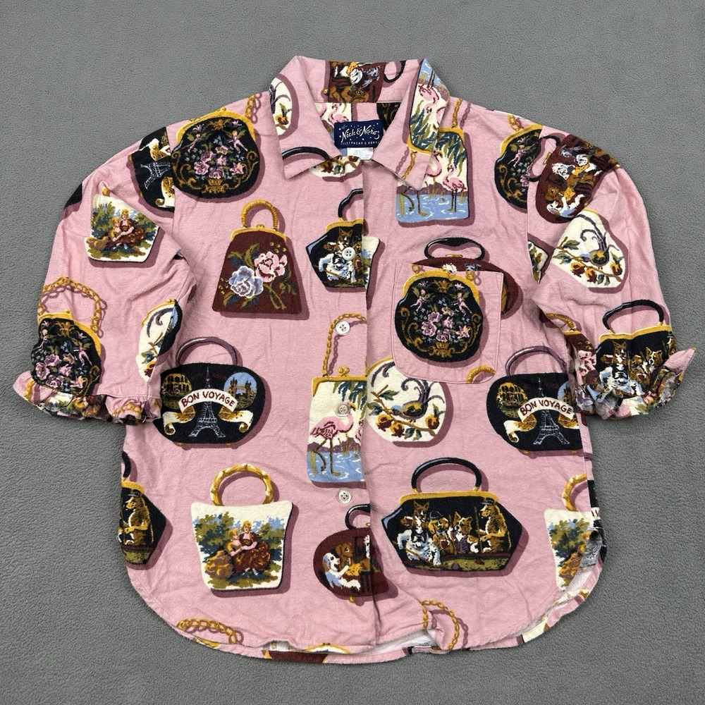 Nick & Nora Bon Voyage Destination Sleepwear Top Size XS Pink Purse Dogs Floral